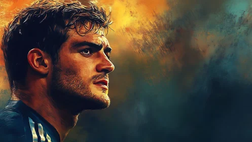 Focused male portrait against blazing abstract sky background