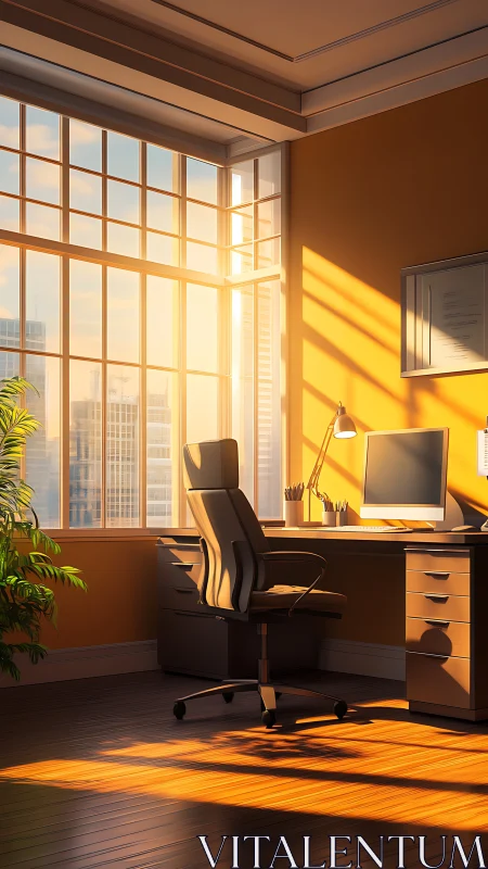 Modern workspace with large window and warm direct light.