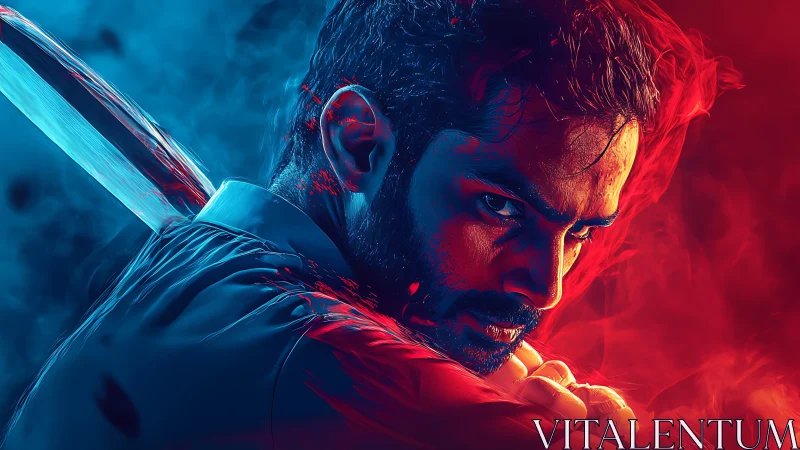 Fierce warrior poised between cool blue and blazing red.