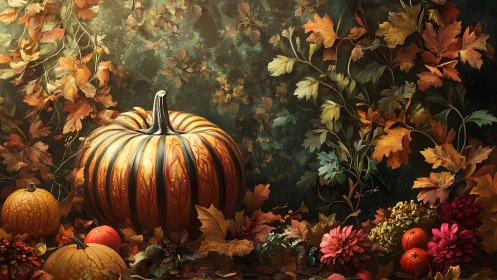 Ornamental pumpkin tableau within lush autumn botanicals.