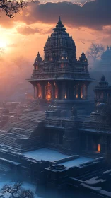 Digital painting of misty stepped temple at sunrise glow.