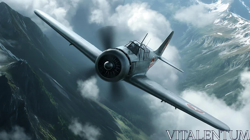 World War II fighter aircraft banks through alpine clouds