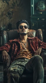 Man sits in leather armchair wearing sunglasses and layered chains