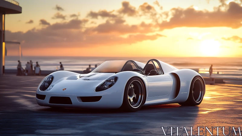 White roadster is parked on a coastal promenade at sunset