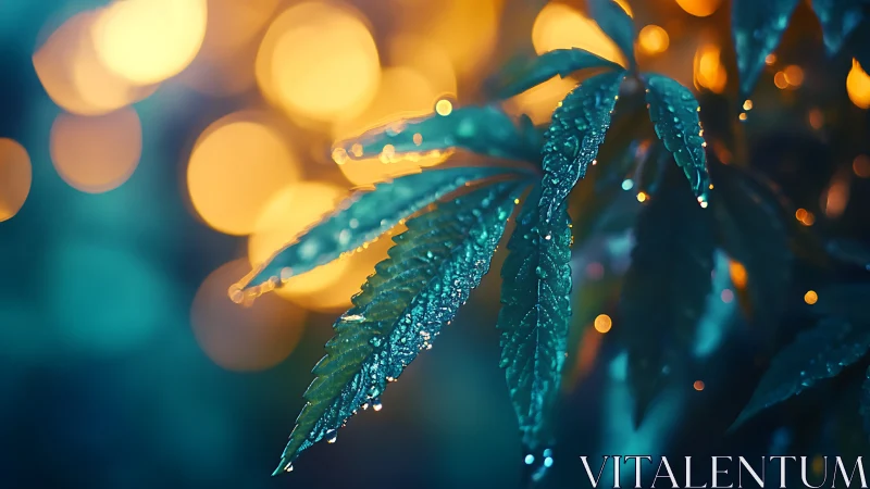 Glistening raindrop leaves glow softly against golden lights