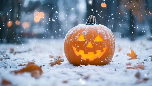 Snowy jack-o-lantern grinning through a cozy twilight chill.