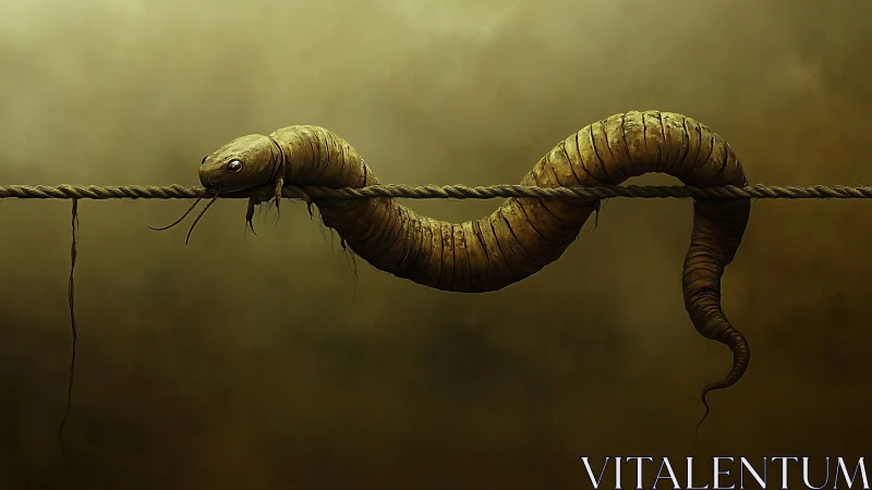 Strange wormlike creature curls along a taut rope in misty gloom.