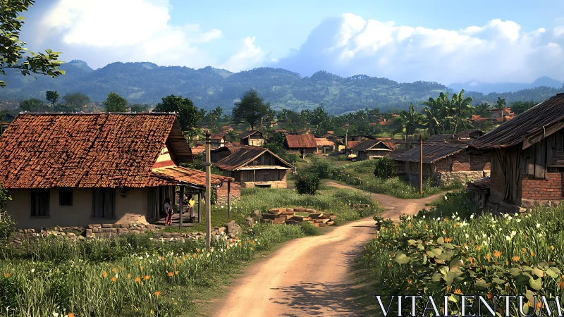 Dusty village path curls lazily toward misty blue hills