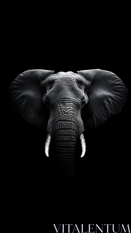 Monochrome elephant portrait with high contrast lighting.