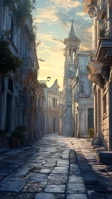 Sunlit stone alleyway with weathered classical facades.