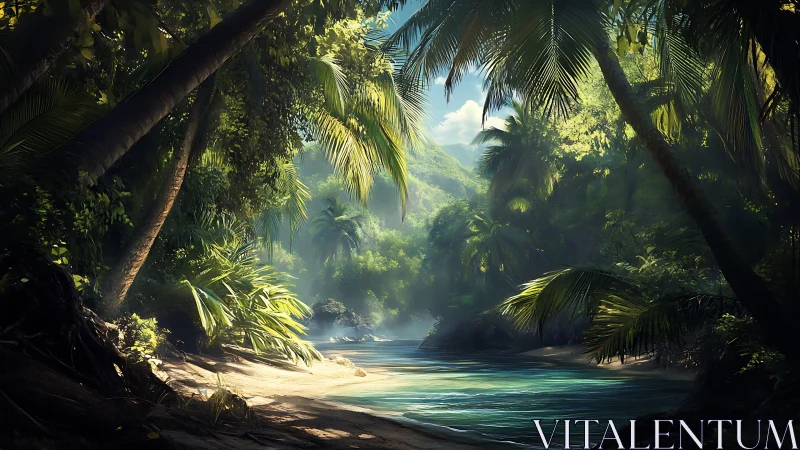 Tropical Jungle Lagoon with Crepuscular Light Rays and Lush Canopy