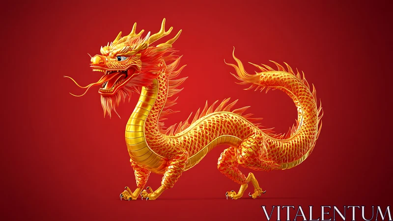 Golden Chinese dragon on red background, side profile view.
