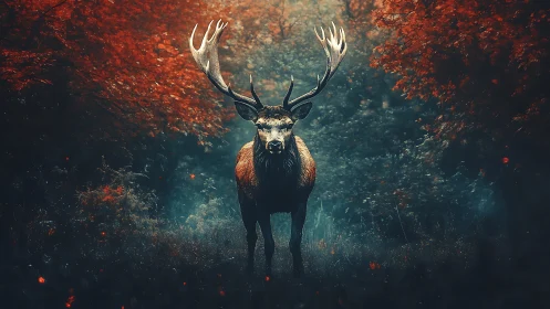 Majestic stag stands calmly in a glowing autumn forest glade