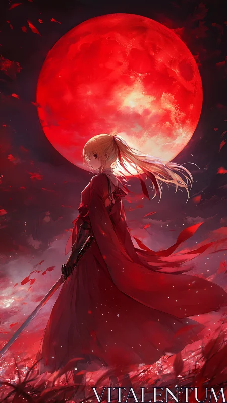 Sword-wielding blonde warrior stands before massive red moon