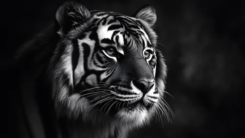 Majestic tiger gazes softly into the quiet monochrome light