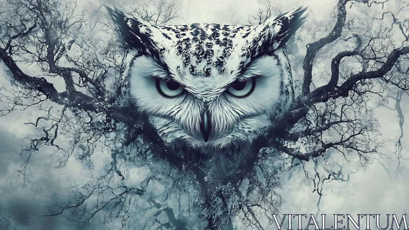 Owl spirit merges with winter branches in misted forest.