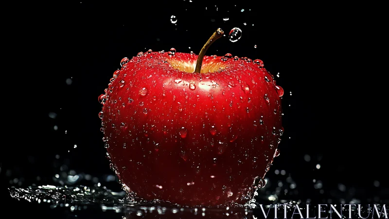 Red apple sits in dark frame covered with water droplets