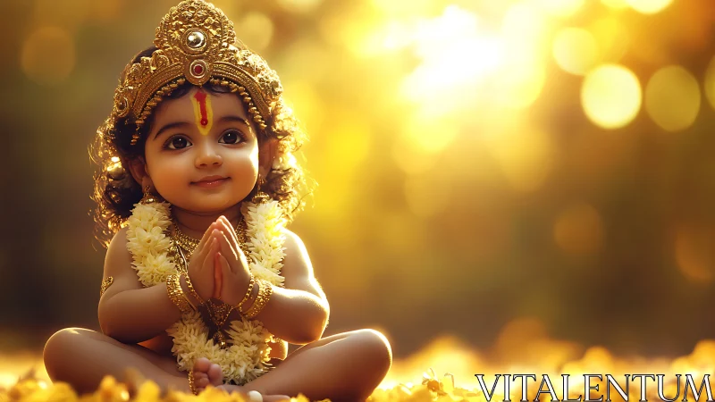 Divine infant deity portrait in warm bokeh backlight renders