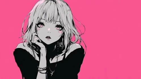 Melancholic anime girl rests against vivid pink backdrop.