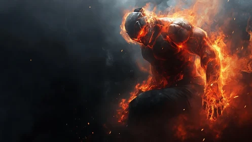 Armored fire warrior emerges from swirling volcanic flames.