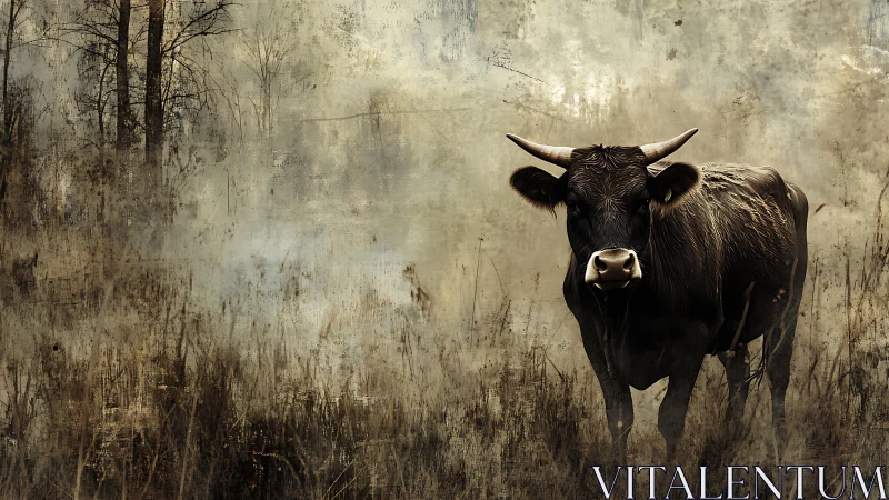 Horned cow stands in misty field under muted golden light.