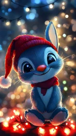 Holiday sparkle bunny beams under twinkling winter lights.