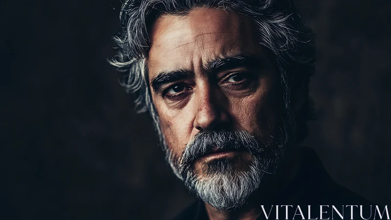Moody low‑key portrait of older man with gray beard.