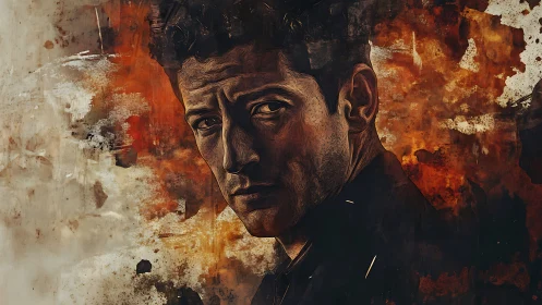 Brooding male portrait within textured abstract umber field.