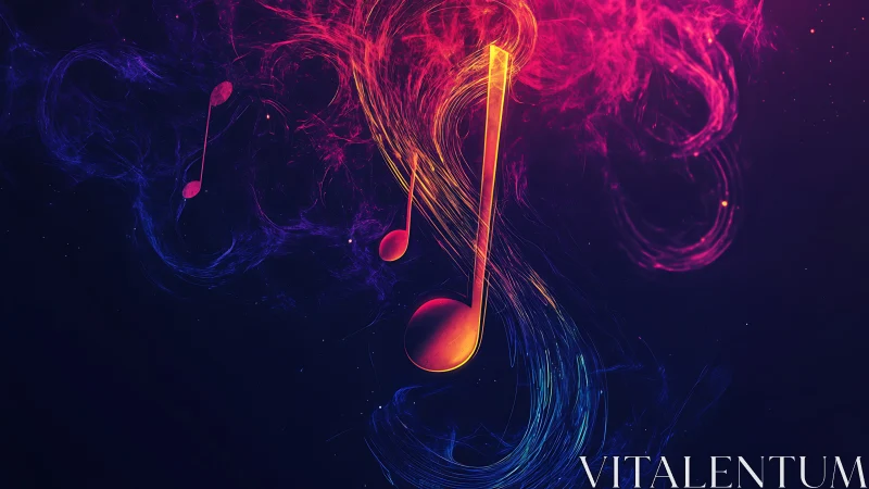 Glowing musical notes swirl through neon cosmic smoke.