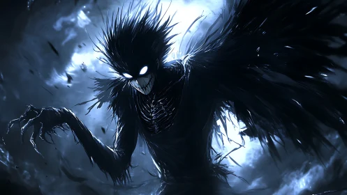 Moonlit raven wraith grinning through stormlit midnight sky.