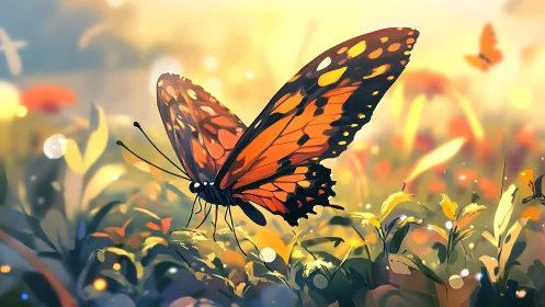 Sunlit monarch butterfly poised in glowing meadowscape.