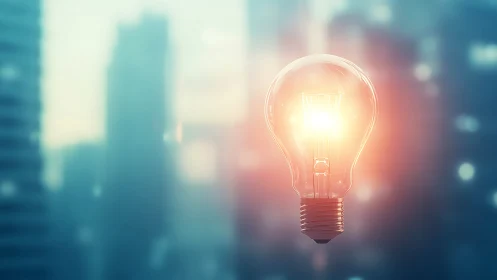 Glowing lightbulb floats before soft focus city skyline