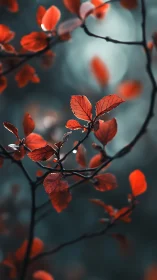 Red leaves in sharp focus against cool blurred background.