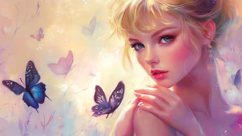 Pastel fantasy portrait of blonde woman with luminous butterflies