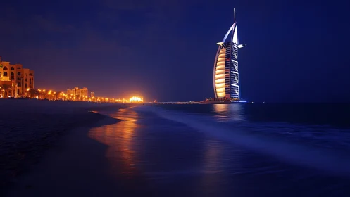 Iconic sail-shaped tower glows above Dubai’s night shoreline.