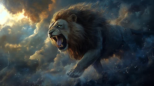 Majestic lion roars through storm-lit celestial clouds
