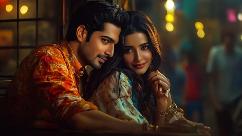 Ornate Silks and Urban Luminescence: Intimate Portrait Composition.