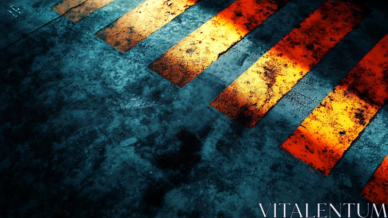 Abstract close-up of crosswalk stripes with dramatic lighting.
