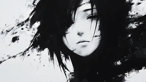 Melancholic monochrome girl dissolves into abstract shadows