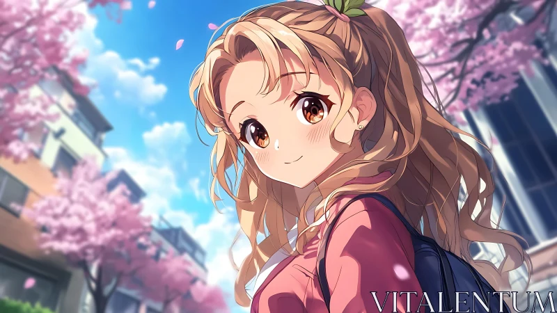 Anime schoolgirl under cherry blossoms on sunny street.
