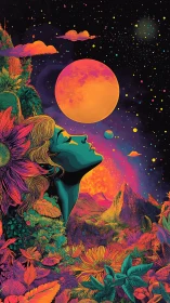 Surreal female profile amid neon landscape and planets.
