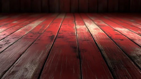 Weathered red wooden floorboards in low angled light.