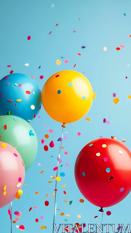 Multicolored Helium Balloons Ascending Against Cerulean Sky with Confetti Dispersion