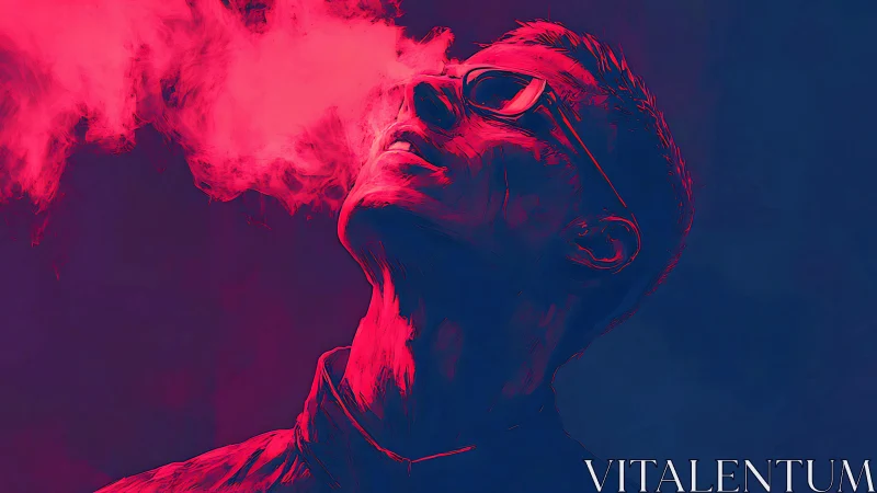 Neon-lit profile exhaling vivid pink vapor into darkness.