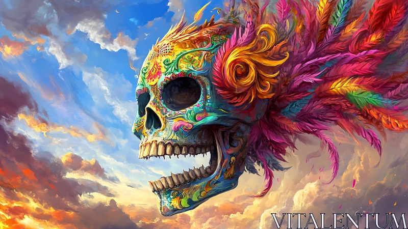 Ornate feathered skull floats against dynamically lit cloudscape