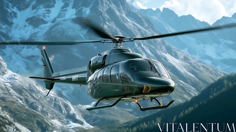 Emerald alpine helicopter slicing through bright glacier air.