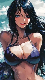 Anime beach portrait with dynamic lighting and bold brushwork.