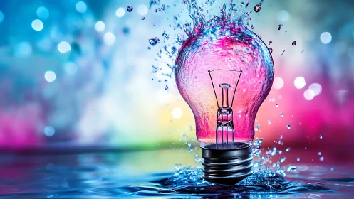 Color-splashed lightbulb bursting with liquid imagination.
