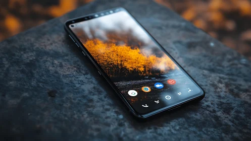 Smartphone displaying landscape photograph on textured surface