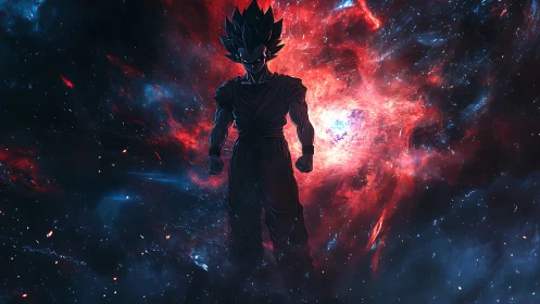 Cosmic warrior stands carved in shadow before blazing nebula